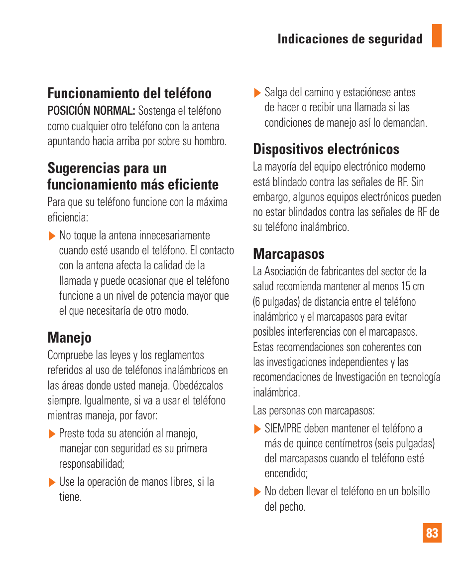 Funcionamiento del teléfono, Sugerencias para un funcionamiento más eficiente, Manejo | Dispositivos electrónicos, Marcapasos | LG LGP505 User Manual | Page 181 / 198