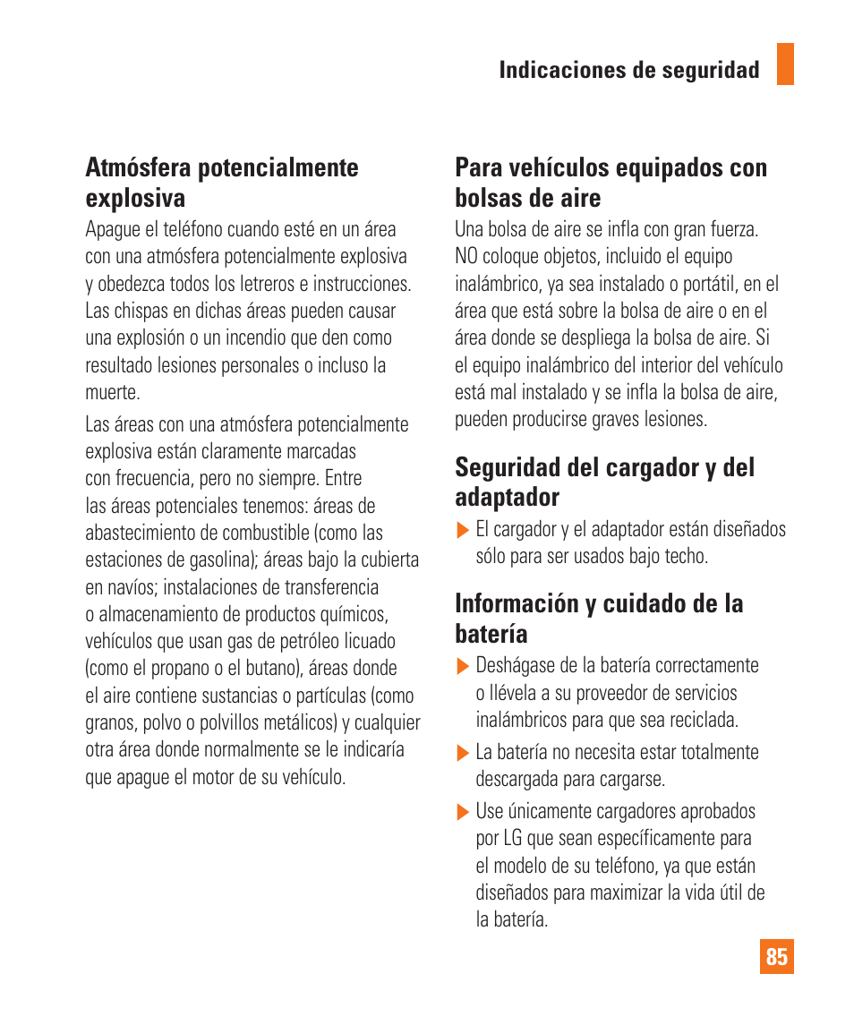 Atmósfera potencialmente explosiva, Para vehículos equipados con bolsas de aire, Seguridad del cargador y del adaptador | Información y cuidado de la batería | LG LGP505 User Manual | Page 183 / 198