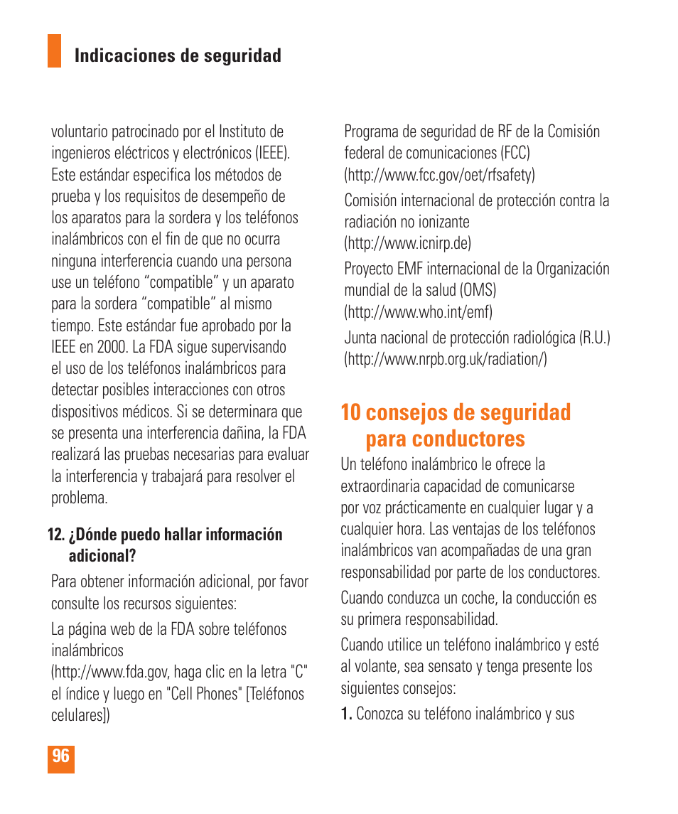 10 consejos de seguridad para conductores | LG LGP505 User Manual | Page 194 / 198