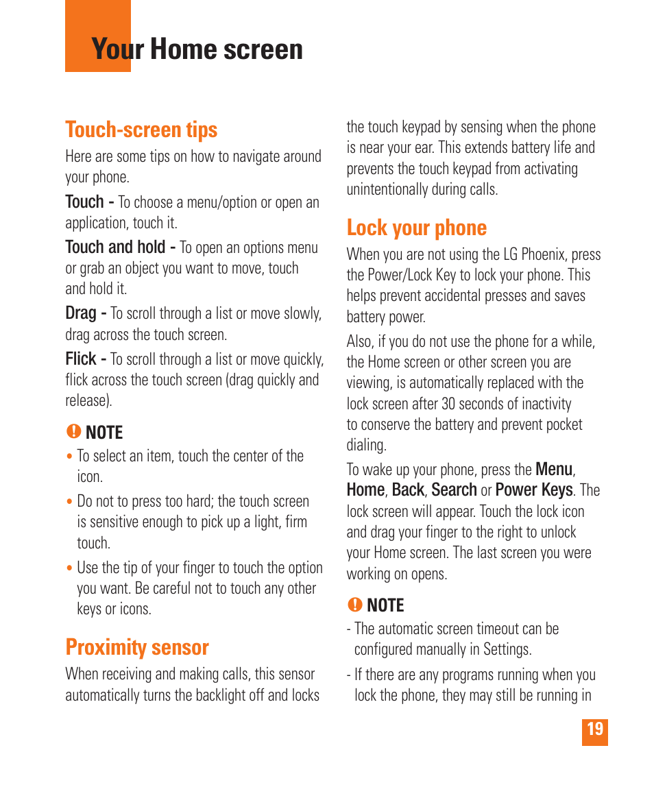 Your home screen, Touch-screen tips, Proximity sensor | Lock your phone | LG LGP505 User Manual | Page 21 / 198