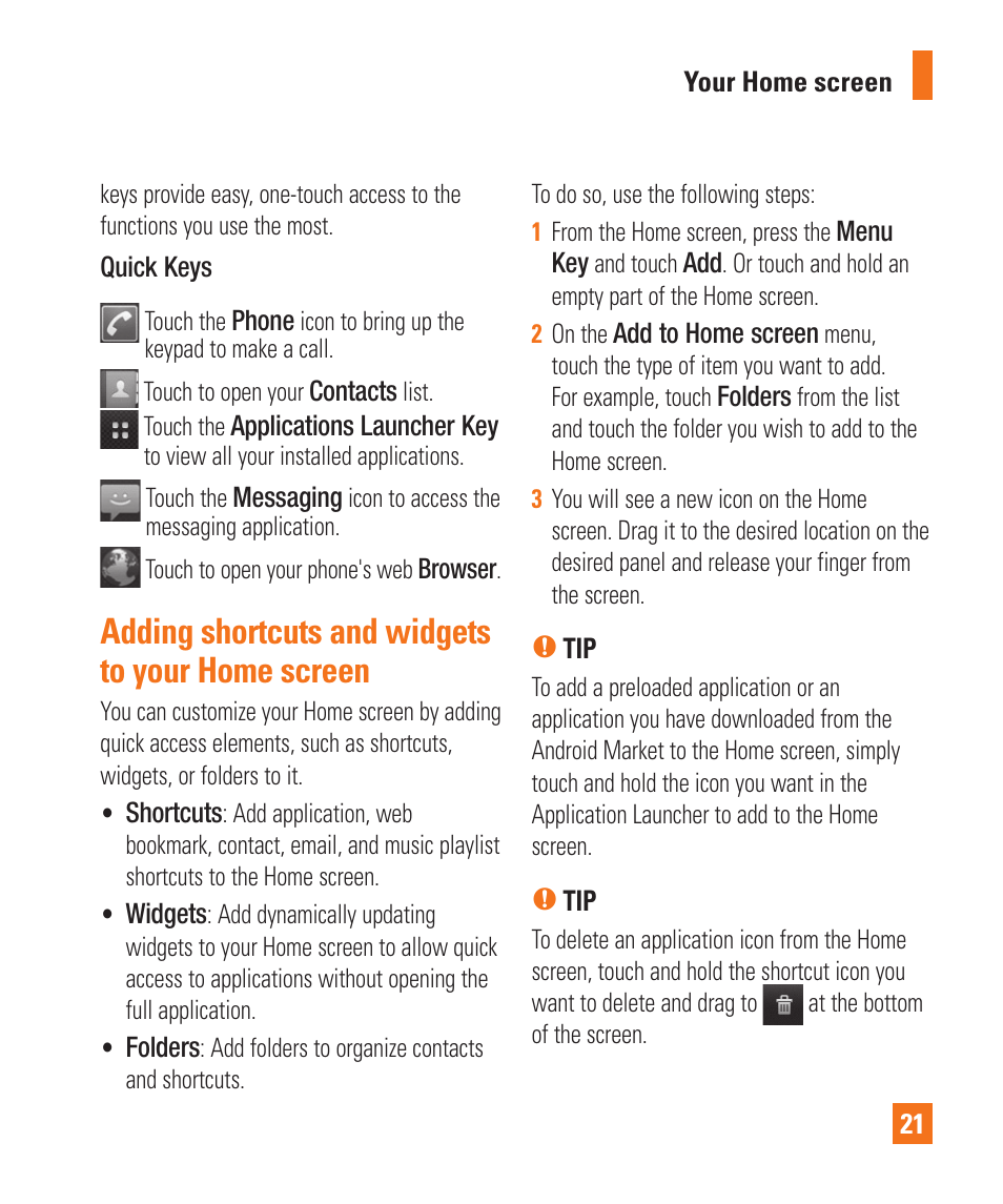 Adding shortcuts and widgets to your home screen | LG LGP505 User Manual | Page 23 / 198