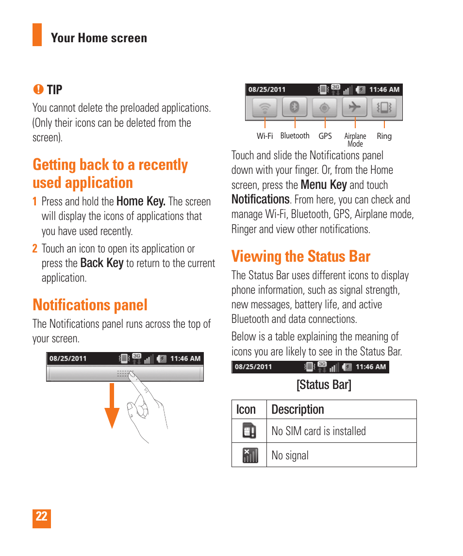 Getting back to a recently used application, Notifications panel, Viewing the status bar | LG LGP505 User Manual | Page 24 / 198