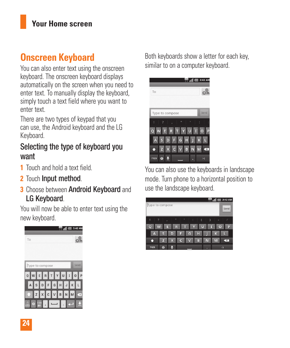 Onscreen keyboard | LG LGP505 User Manual | Page 26 / 198