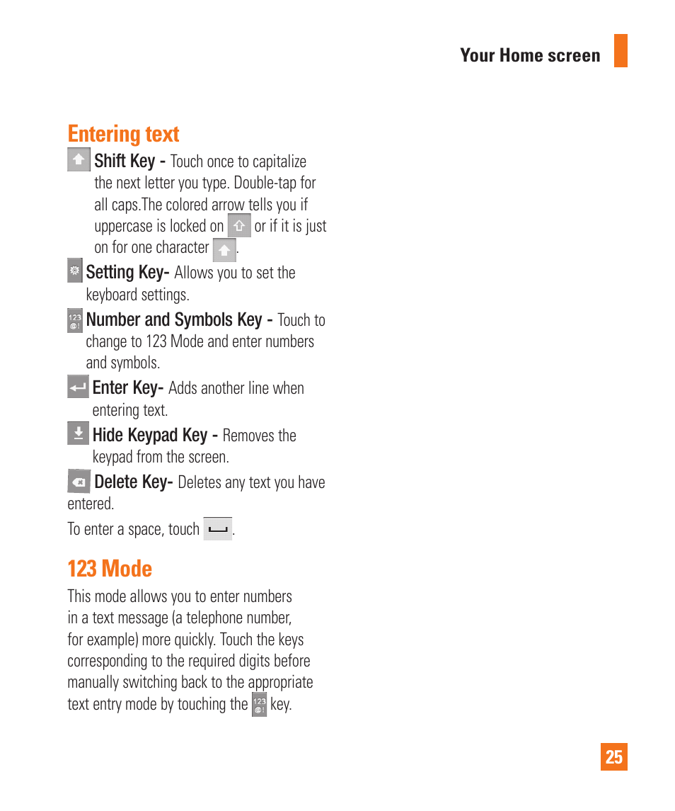 Entering text, 123 mode | LG LGP505 User Manual | Page 27 / 198