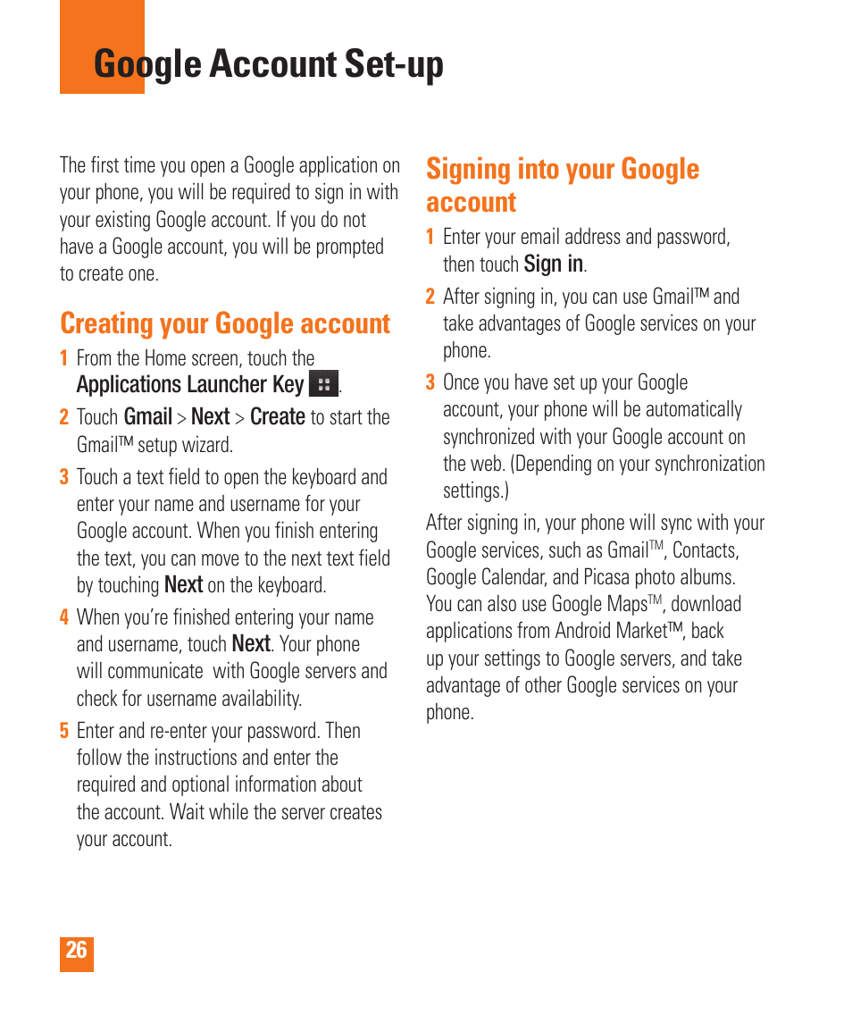 Google account set-up, Creating your google account, Signing into your google account | LG LGP505 User Manual | Page 28 / 198