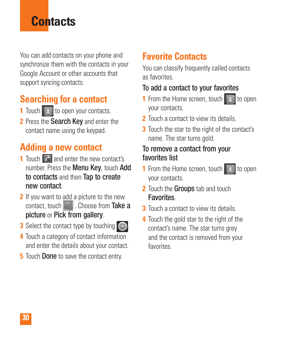 Contacts, Searching for a contact, Adding a new contact | Favorite contacts | LG LGP505 User Manual | Page 32 / 198