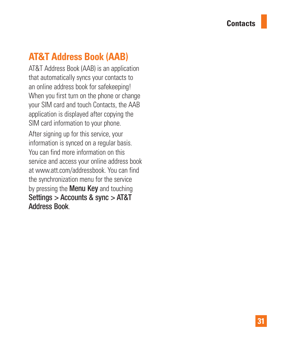 At&t address book (aab) | LG LGP505 User Manual | Page 33 / 198