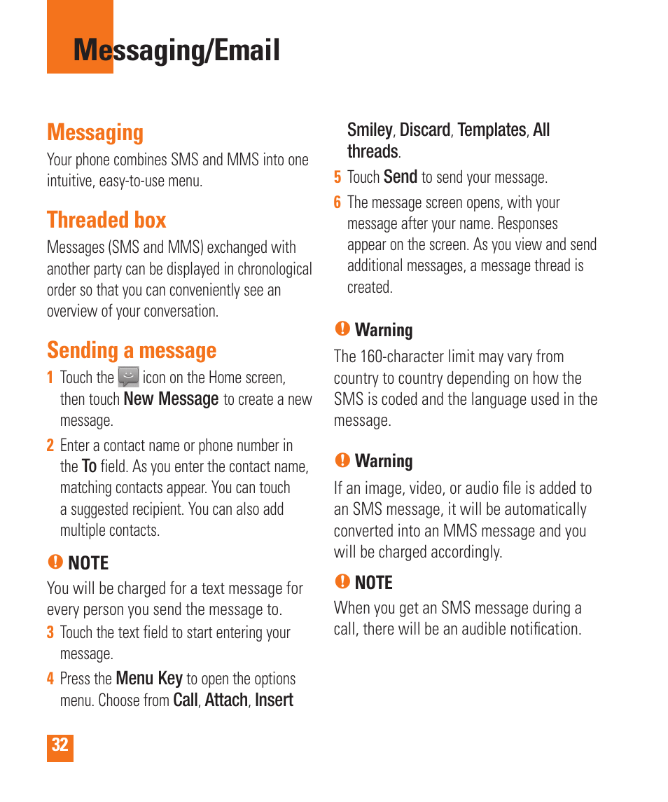 Messaging/email, Messaging, Threaded box | Sending a message | LG LGP505 User Manual | Page 34 / 198