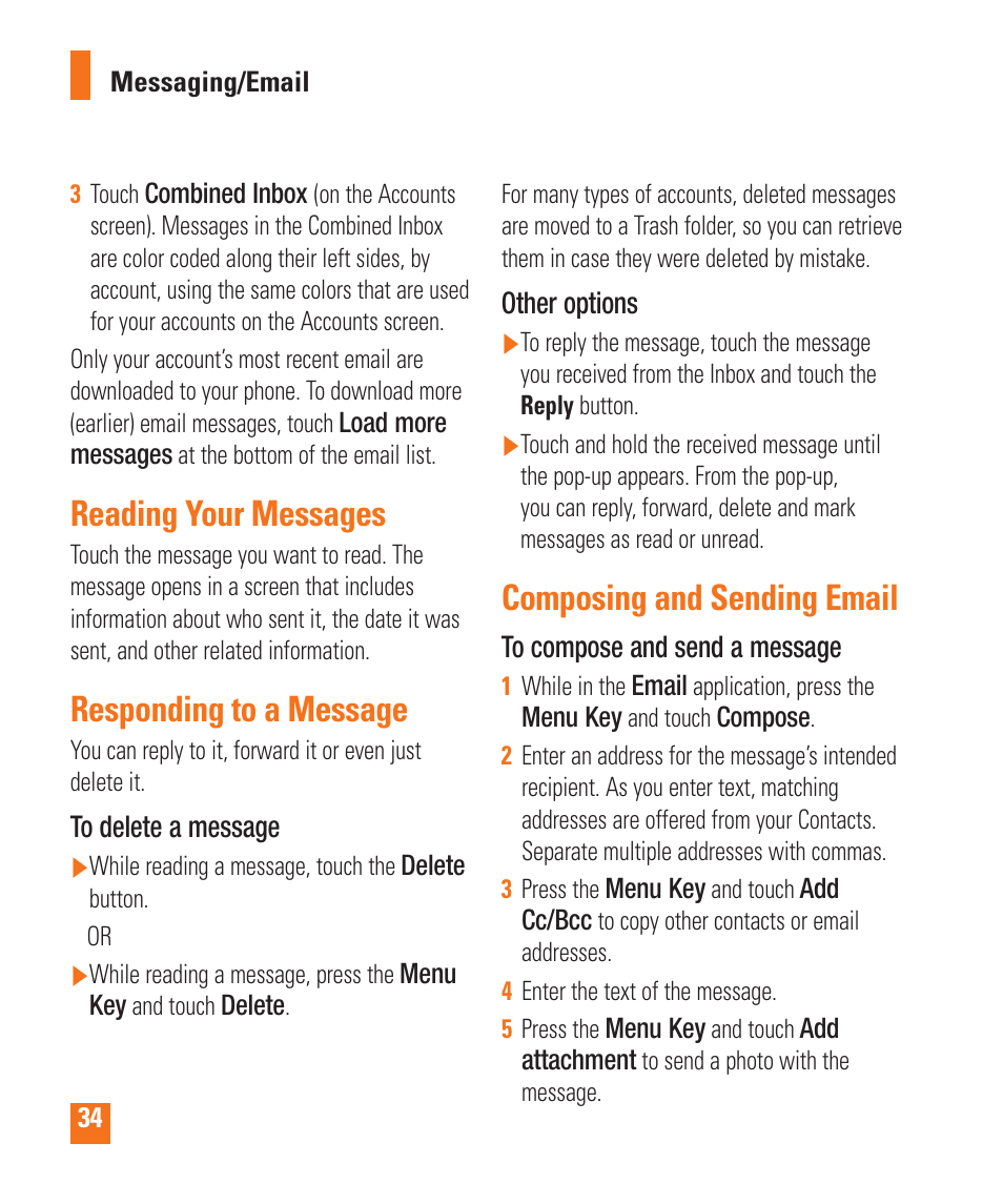 Reading your messages, Responding to a message, Composing and sending email | LG LGP505 User Manual | Page 36 / 198