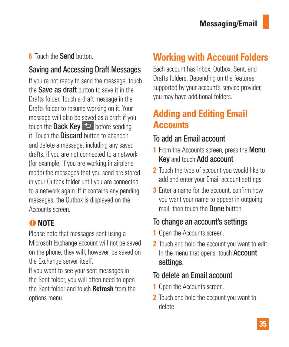 Working with account folders, Adding and editing email accounts | LG LGP505 User Manual | Page 37 / 198