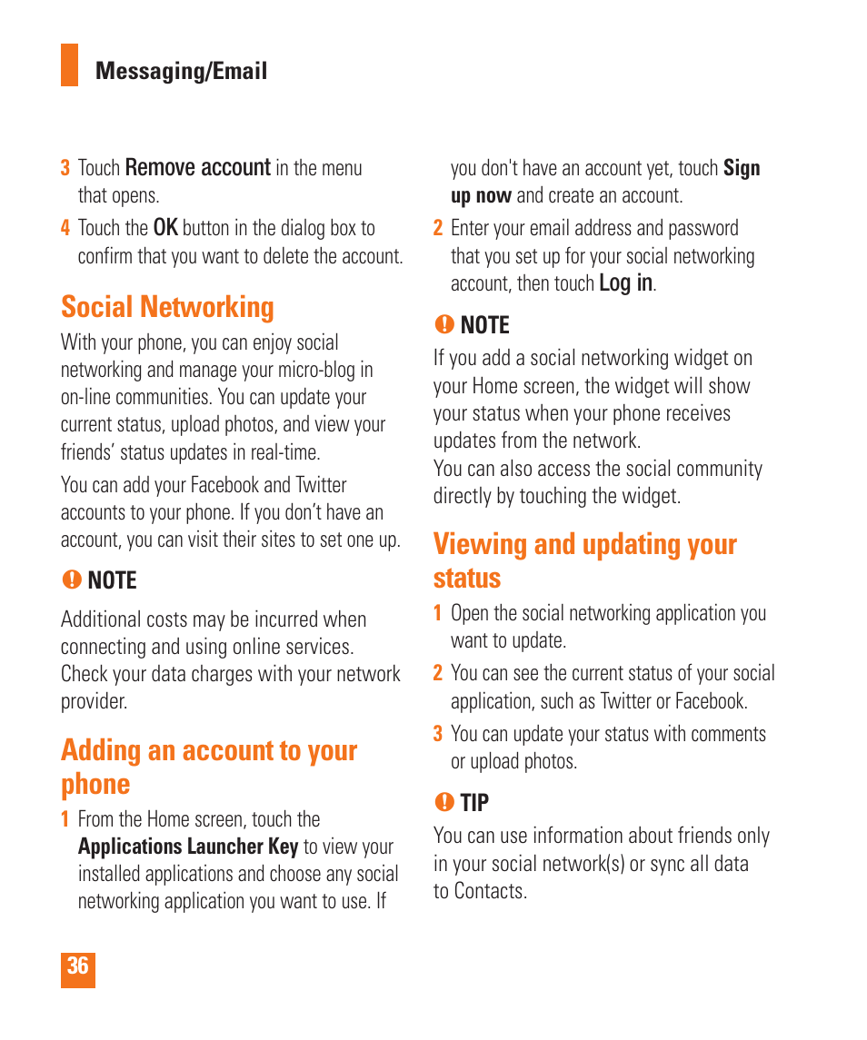 Social networking, Adding an account to your phone, Viewing and updating your status | LG LGP505 User Manual | Page 38 / 198