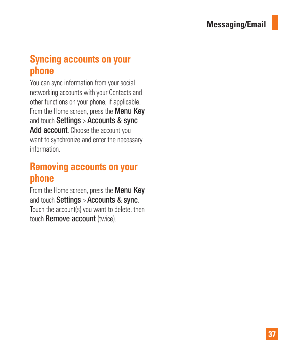 Syncing accounts on your phone, Removing accounts on your phone | LG LGP505 User Manual | Page 39 / 198