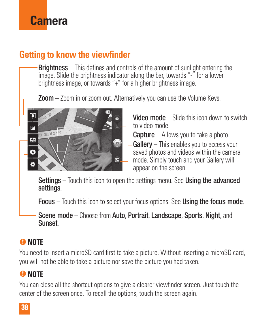 Camera, Getting to know the viewfinder | LG LGP505 User Manual | Page 40 / 198