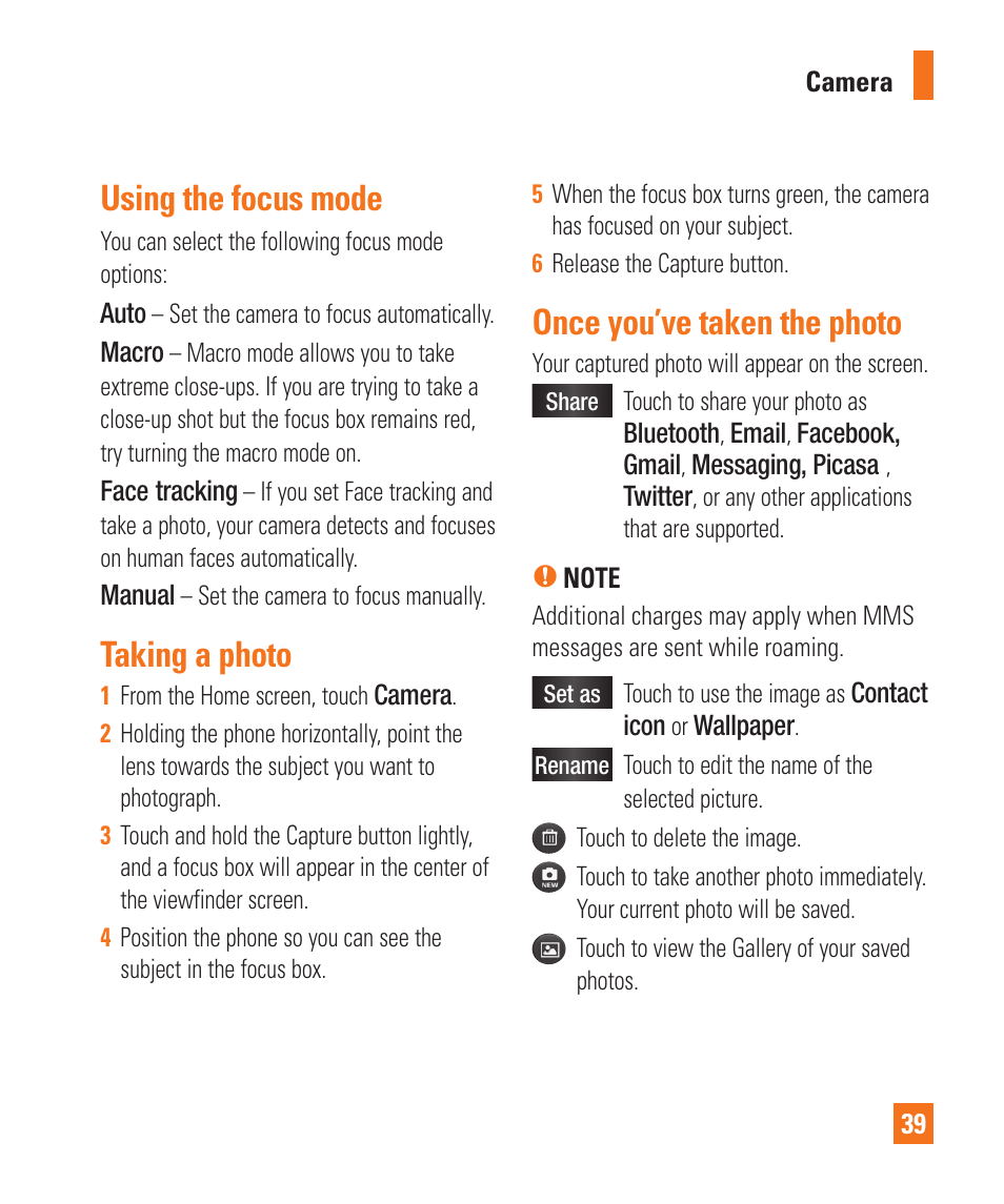 Using the focus mode, Taking a photo, Once you’ve taken the photo | LG LGP505 User Manual | Page 41 / 198