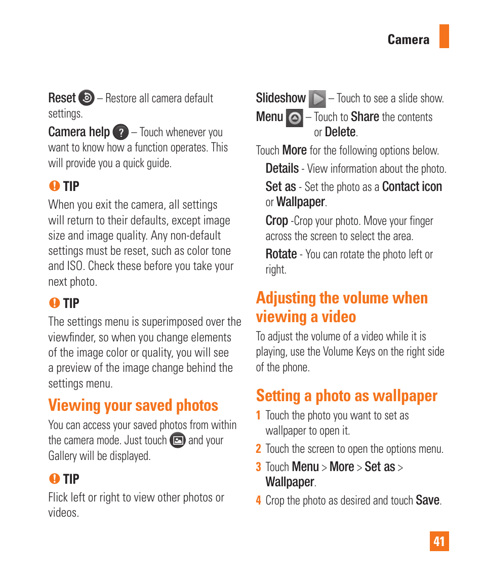 Viewing your saved photos, Adjusting the volume when viewing a video, Setting a photo as wallpaper | LG LGP505 User Manual | Page 43 / 198