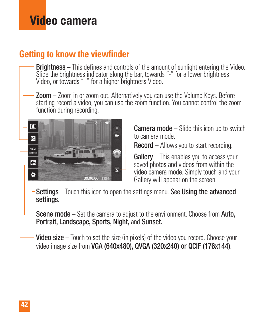 Video camera, Getting to know the viewfinder | LG LGP505 User Manual | Page 44 / 198