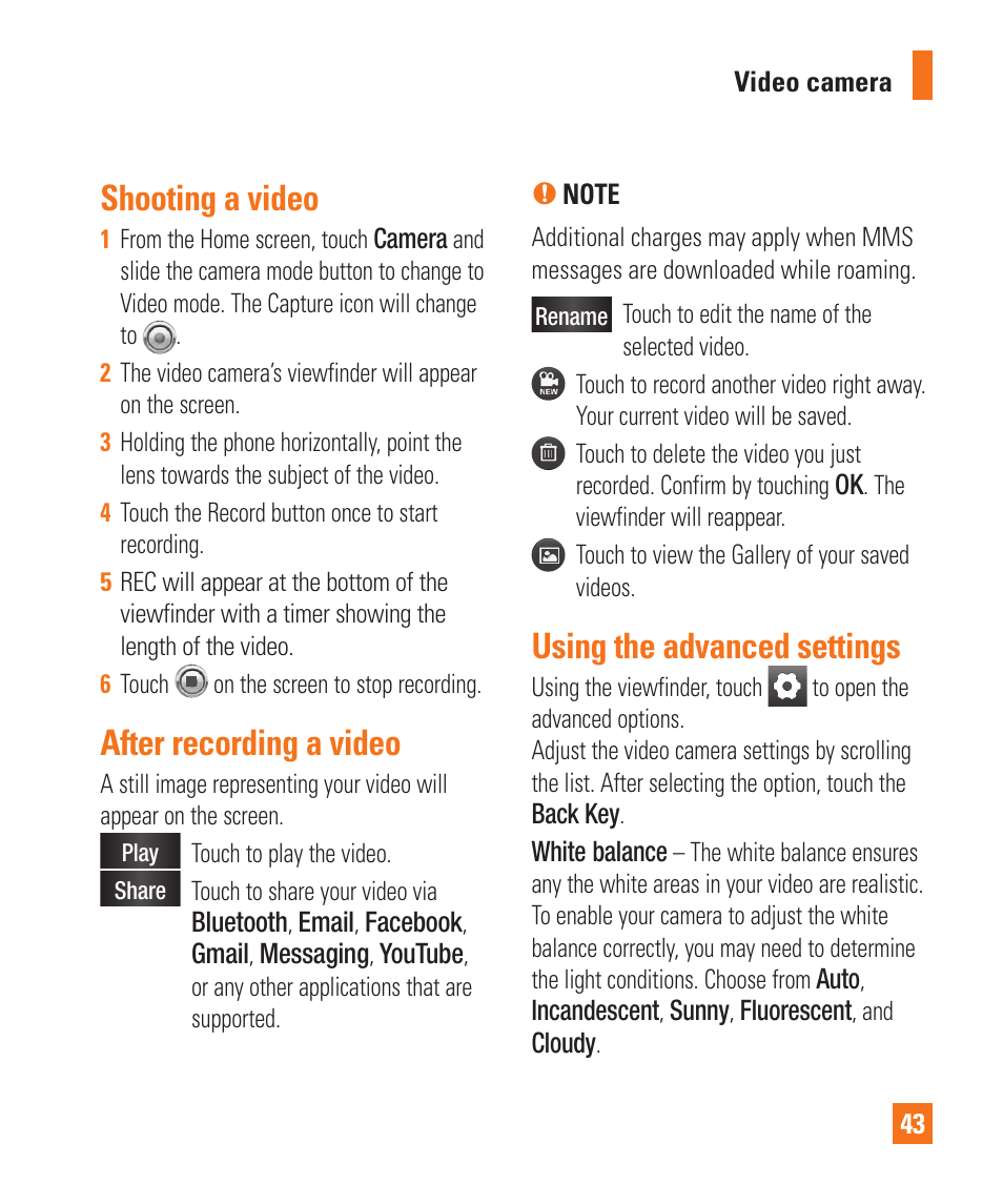 Shooting a video, After recording a video, Using the advanced settings | LG LGP505 User Manual | Page 45 / 198