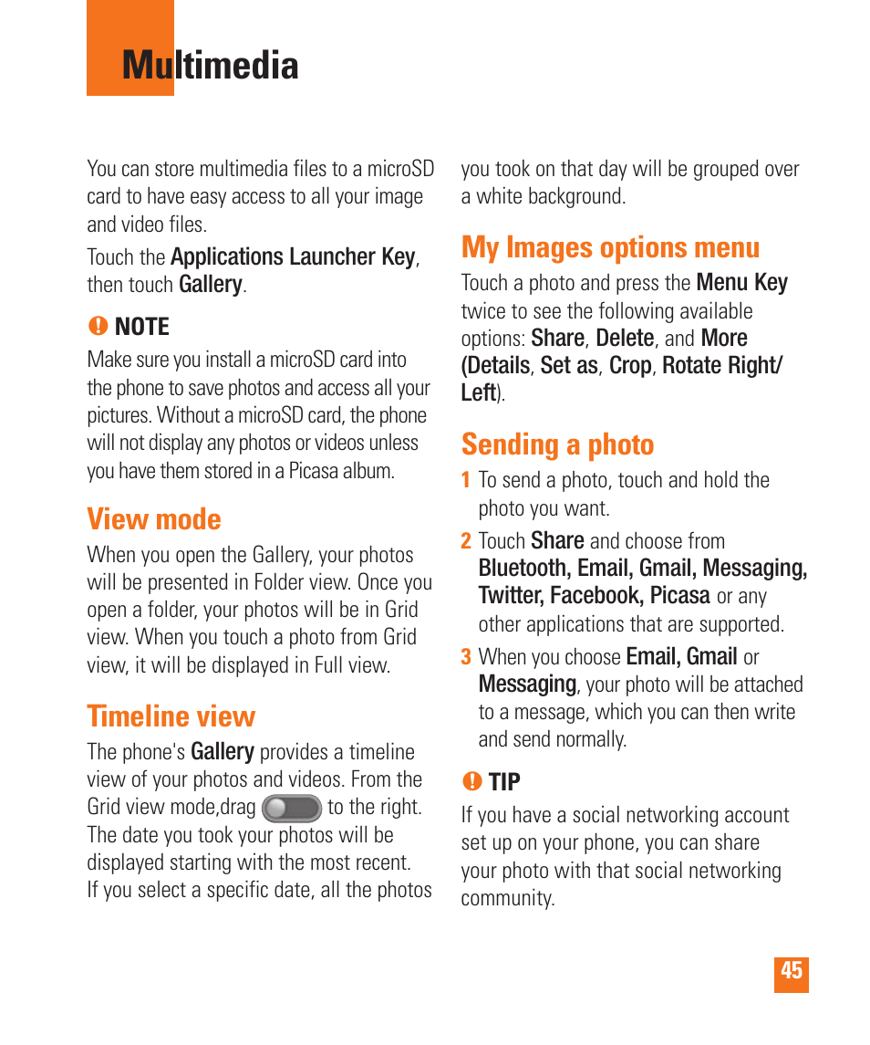 Multimedia, View mode, Timeline view | My images options menu, Sending a photo | LG LGP505 User Manual | Page 47 / 198