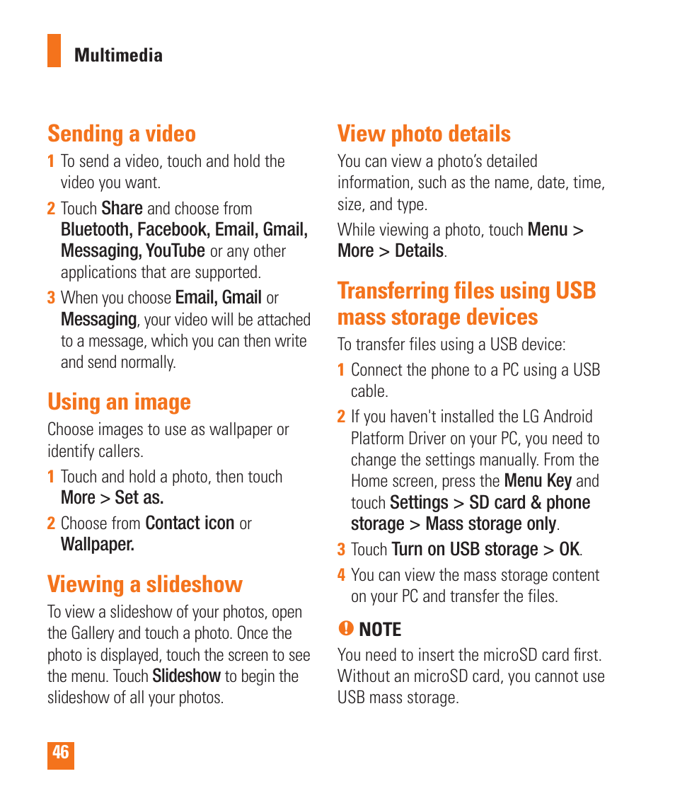 Sending a video, Using an image, Viewing a slideshow | View photo details, Transferring files using usb mass storage devices | LG LGP505 User Manual | Page 48 / 198