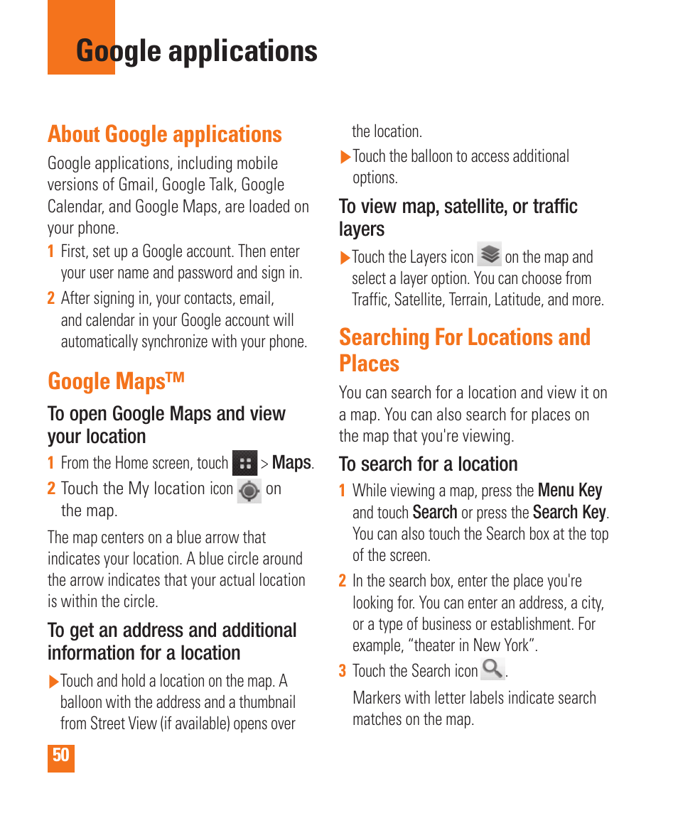 Google applications, About google applications, Google maps | Searching for locations and places | LG LGP505 User Manual | Page 52 / 198