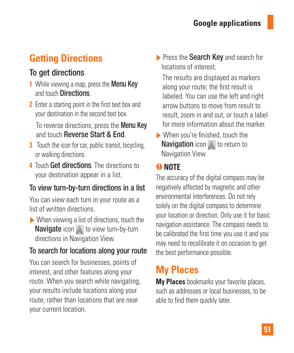 Getting directions, My places | LG LGP505 User Manual | Page 53 / 198