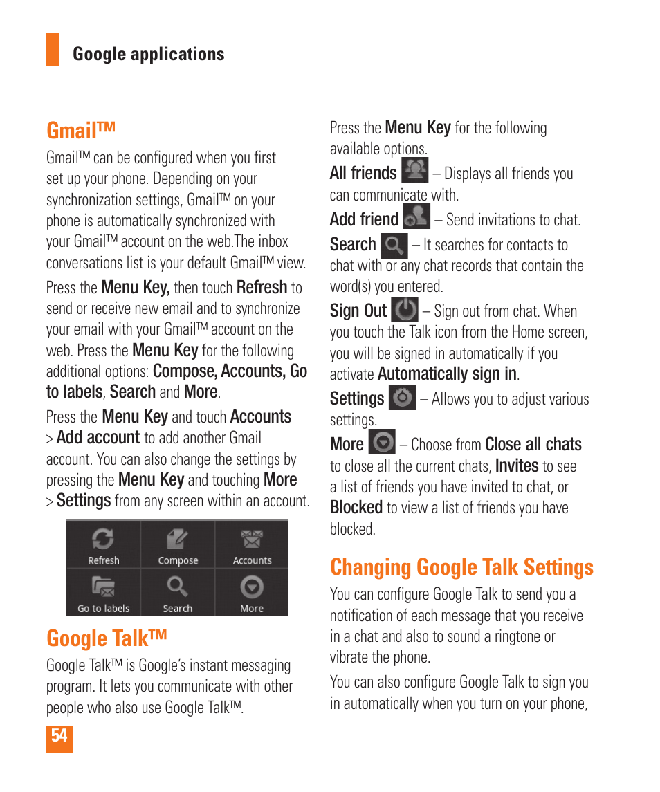 Gmail, Google talk, Changing google talk settings | LG LGP505 User Manual | Page 56 / 198