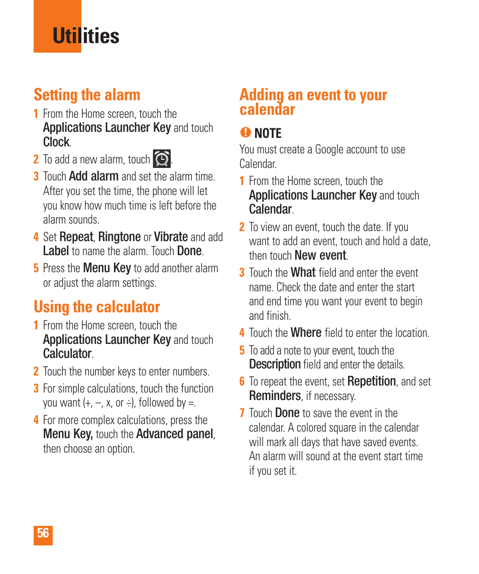 Utilities, Setting the alarm, Using the calculator | Adding an event to your calendar | LG LGP505 User Manual | Page 58 / 198