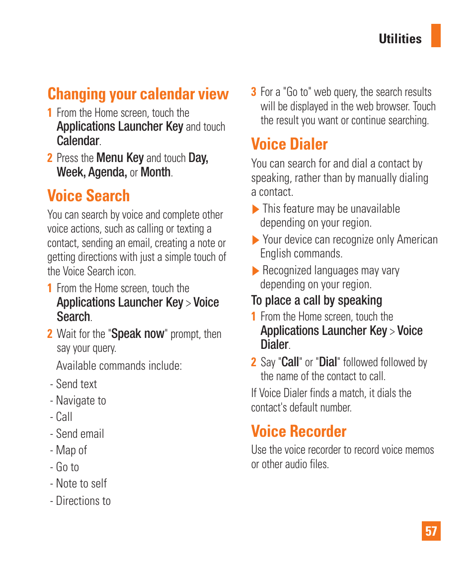 Changing your calendar view, Voice search, Voice dialer | Voice recorder | LG LGP505 User Manual | Page 59 / 198