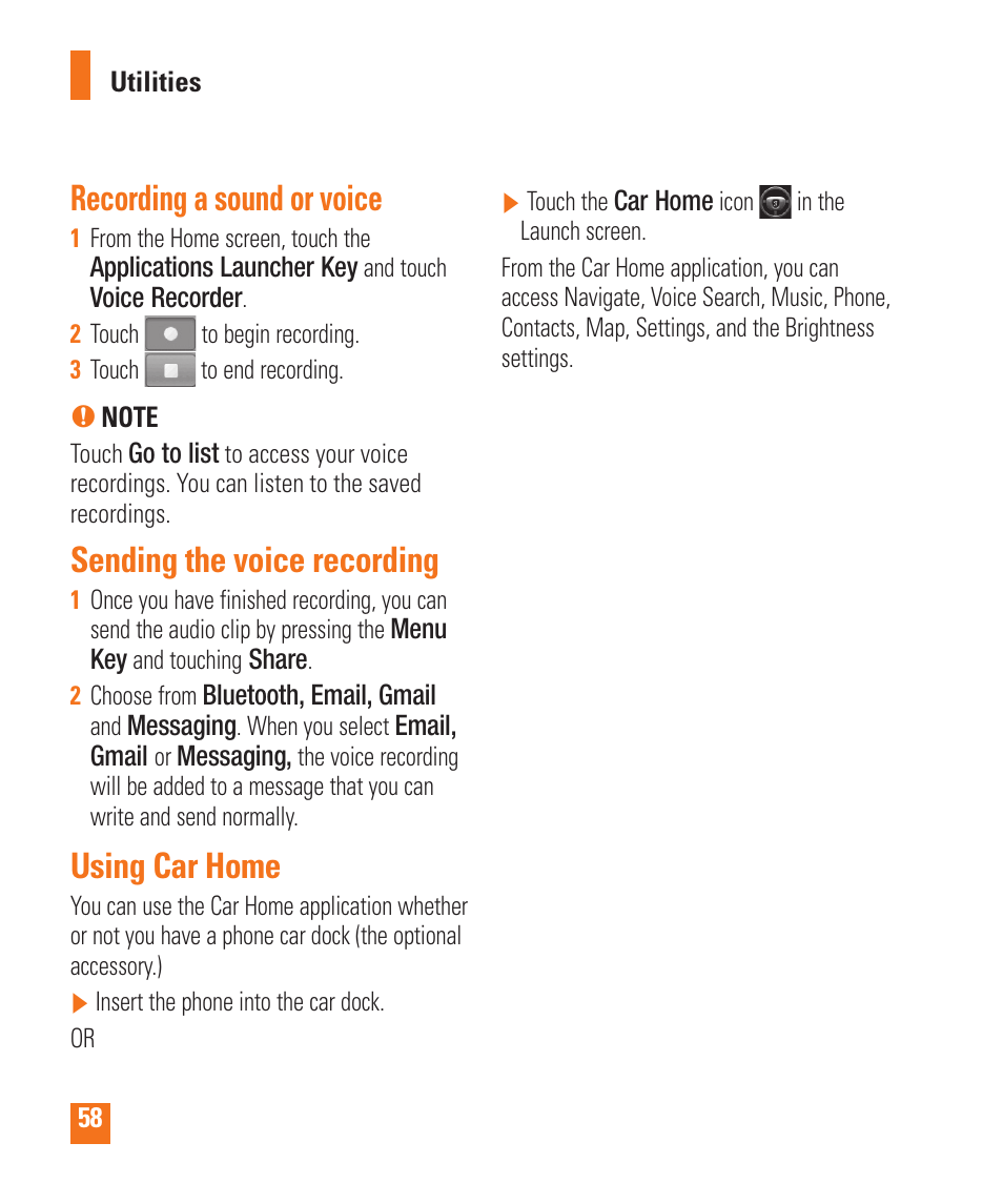 Recording a sound or voice, Sending the voice recording, Using car home | LG LGP505 User Manual | Page 60 / 198