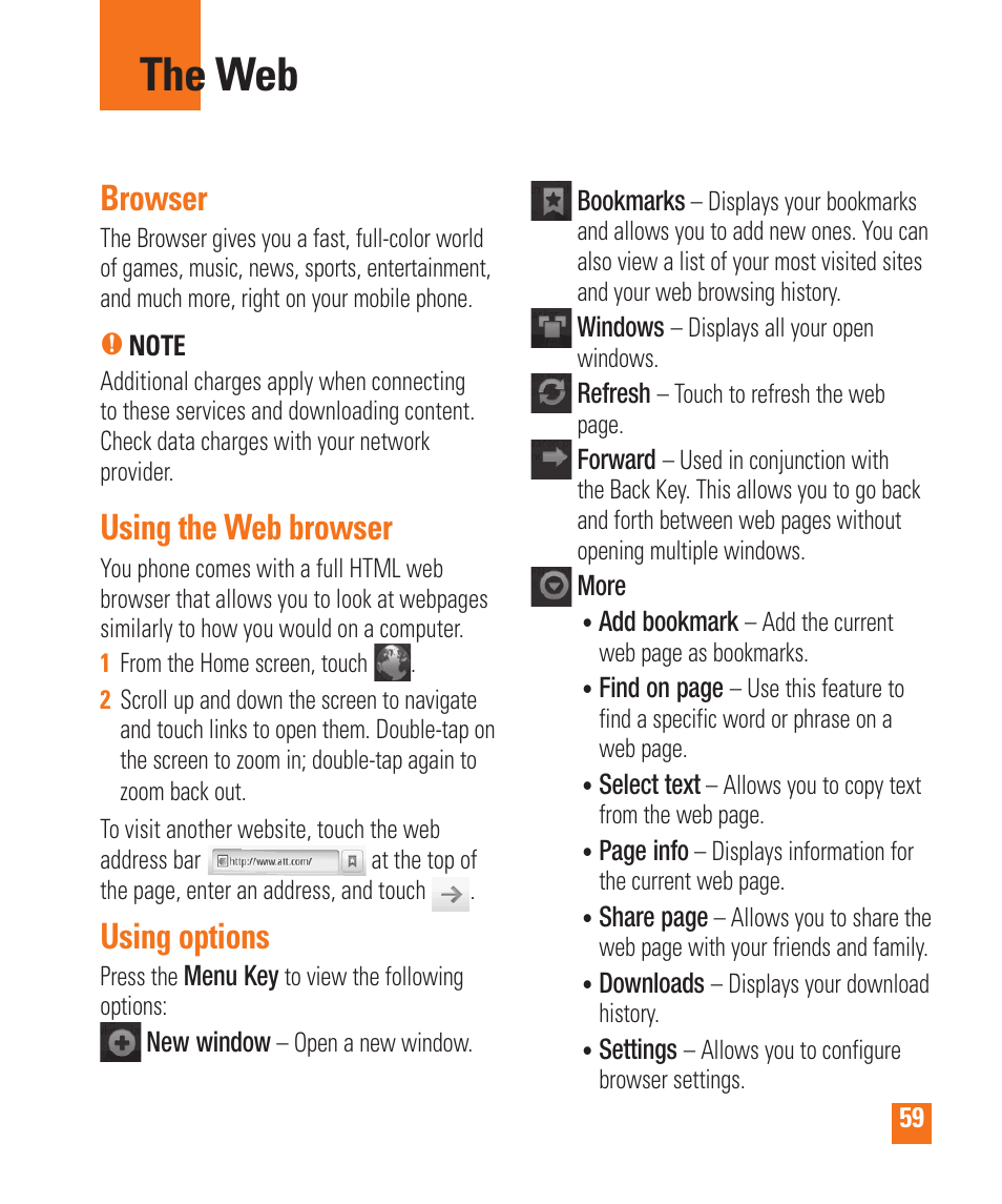 The web, Browser, Using the web browser | Using options | LG LGP505 User Manual | Page 61 / 198