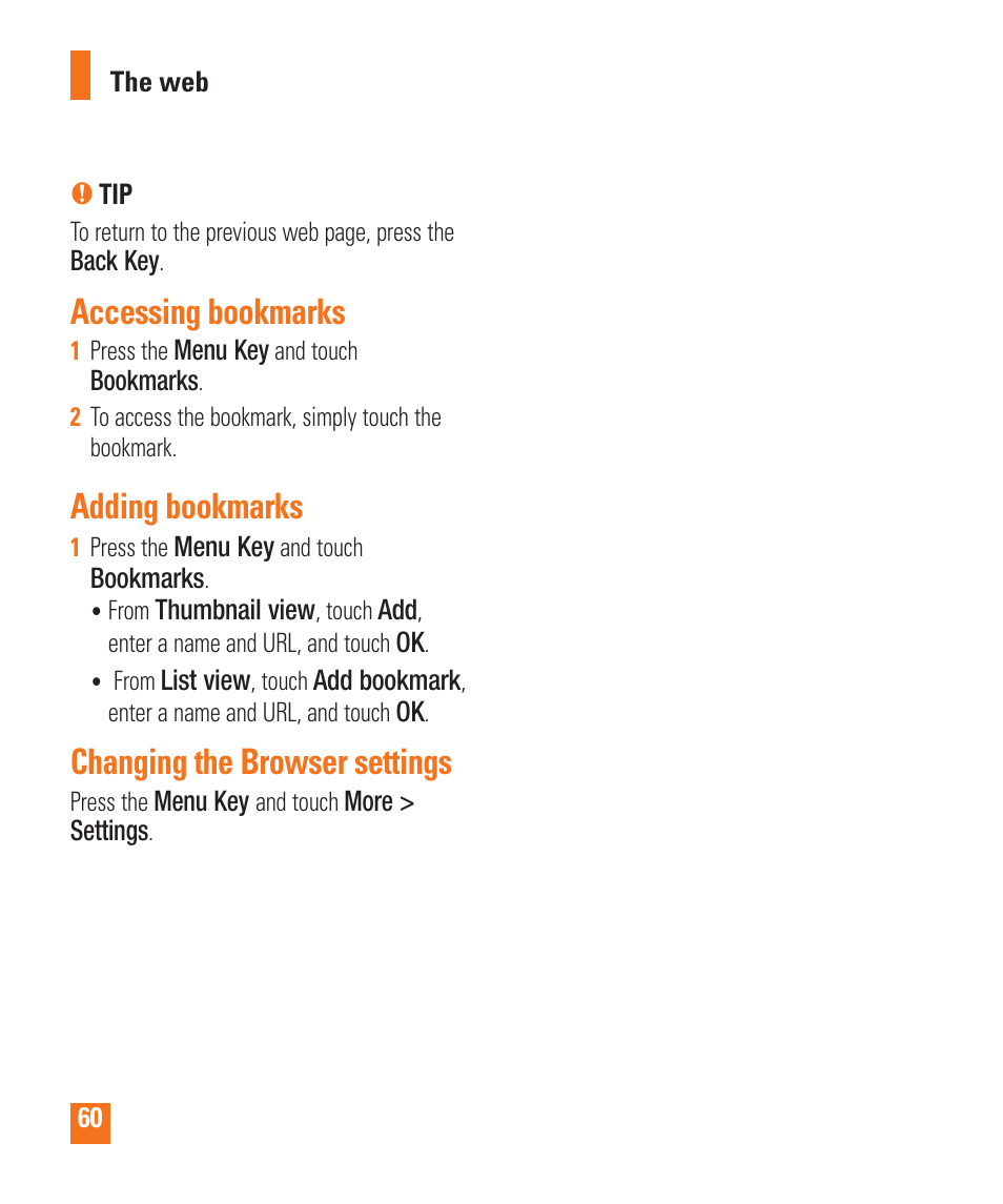 Accessing bookmarks, Adding bookmarks, Changing the browser settings | LG LGP505 User Manual | Page 62 / 198