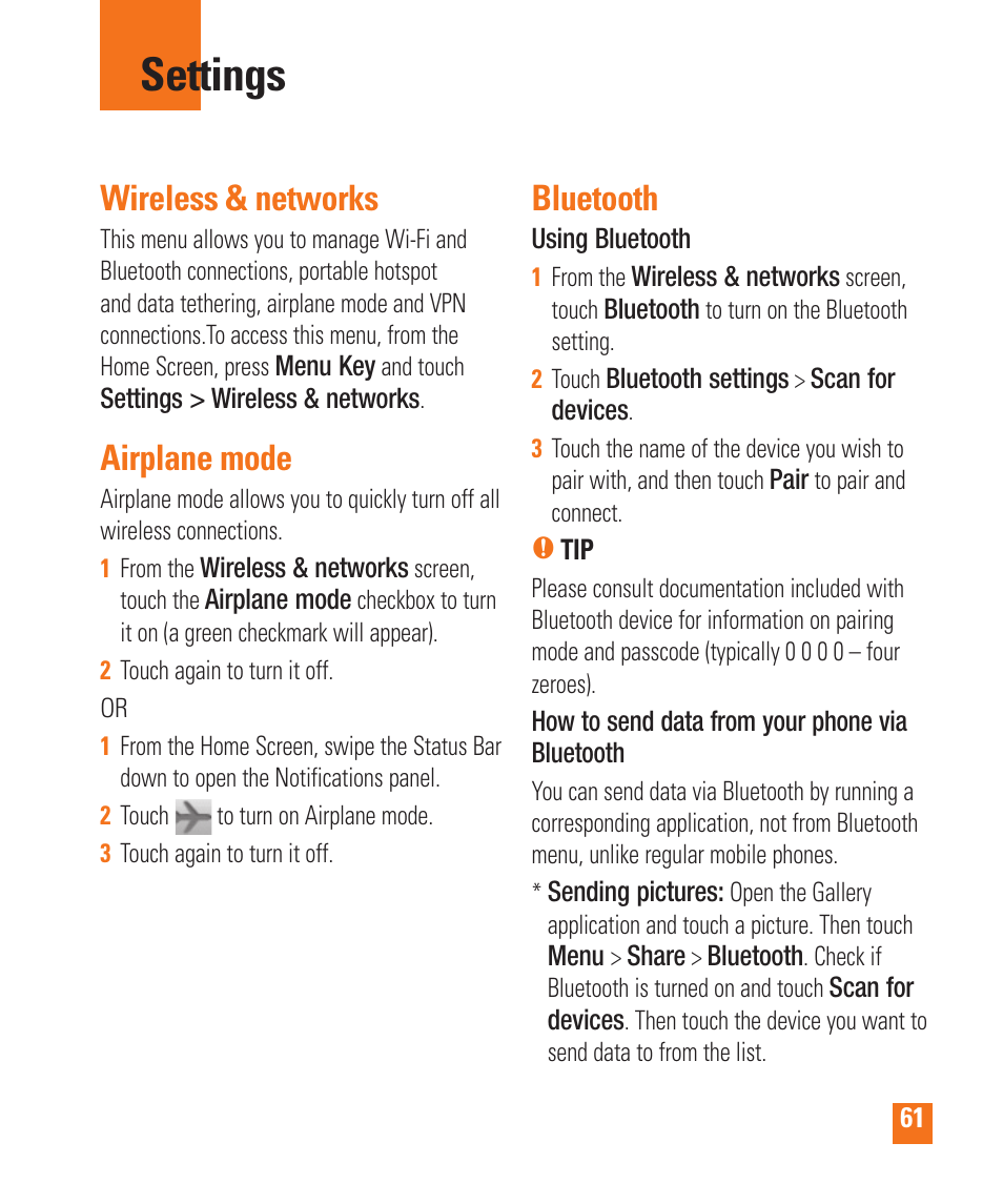 Settings, Wireless & networks, Airplane mode | Bluetooth | LG LGP505 User Manual | Page 63 / 198