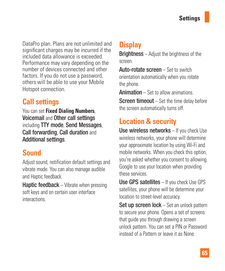 Call settings, Sound, Display | Location & security | LG LGP505 User Manual | Page 67 / 198