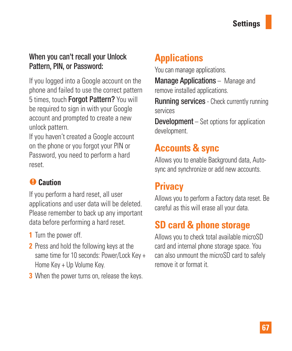 Applications, Accounts & sync, Privacy | Sd card & phone storage | LG LGP505 User Manual | Page 69 / 198