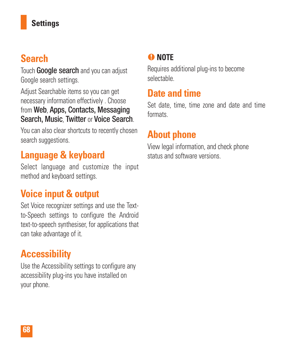 Search, Language & keyboard, Voice input & output | Accessibility, Date and time, About phone | LG LGP505 User Manual | Page 70 / 198