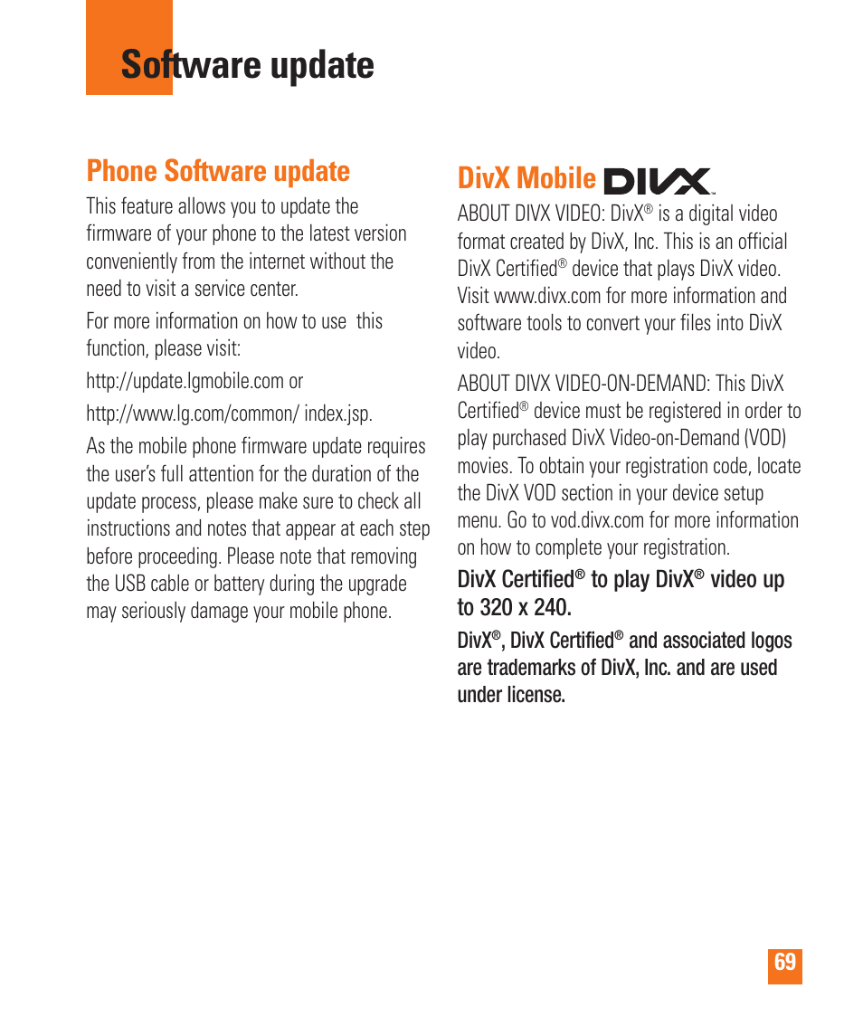 Software update, Phone software update, Divx mobile | LG LGP505 User Manual | Page 71 / 198