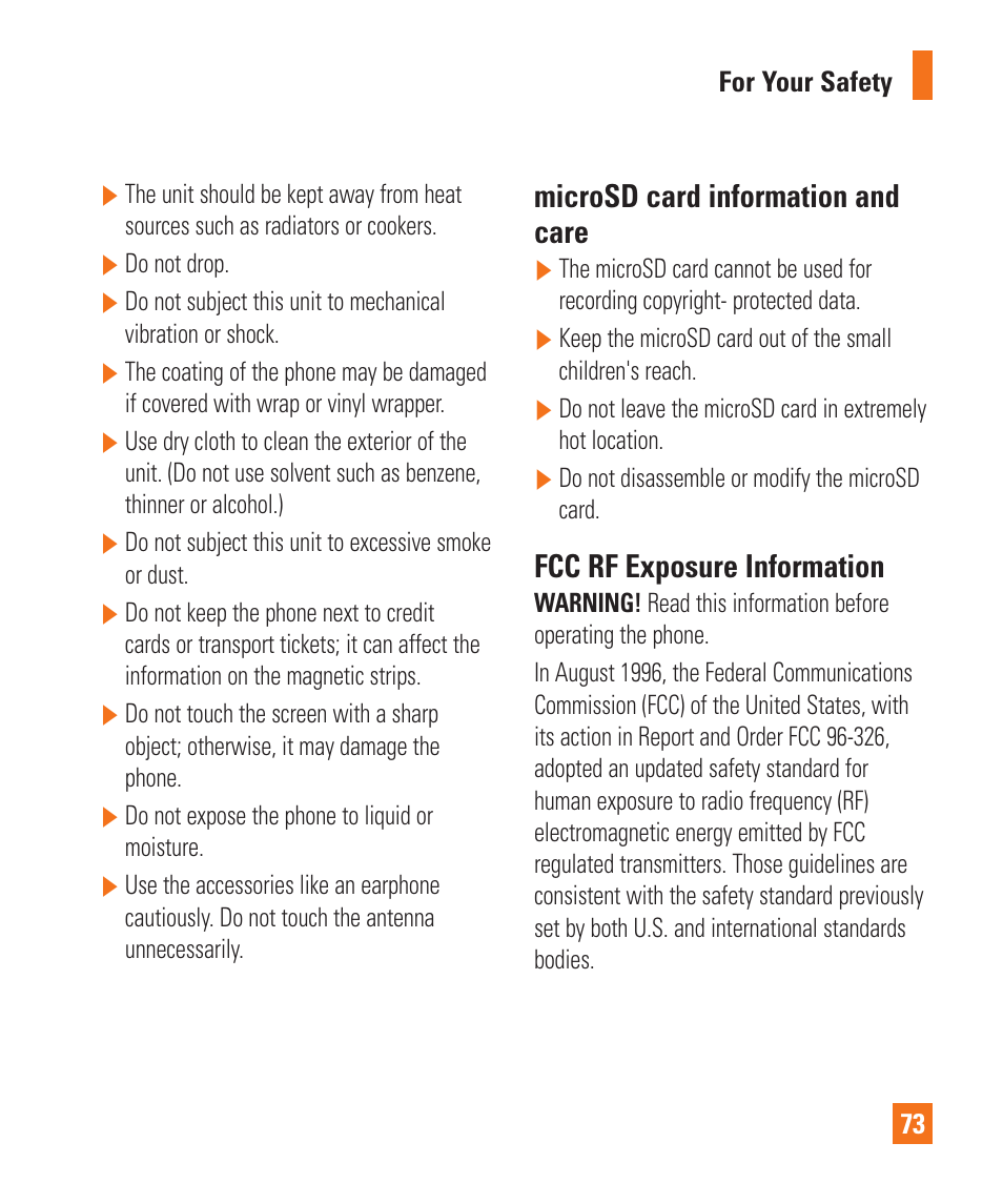 Microsd card information and care, Fcc rf exposure information | LG LGP505 User Manual | Page 75 / 198