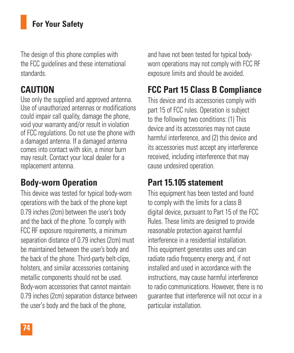 Caution, Body-worn operation, Fcc part 15 class b compliance | LG LGP505 User Manual | Page 76 / 198