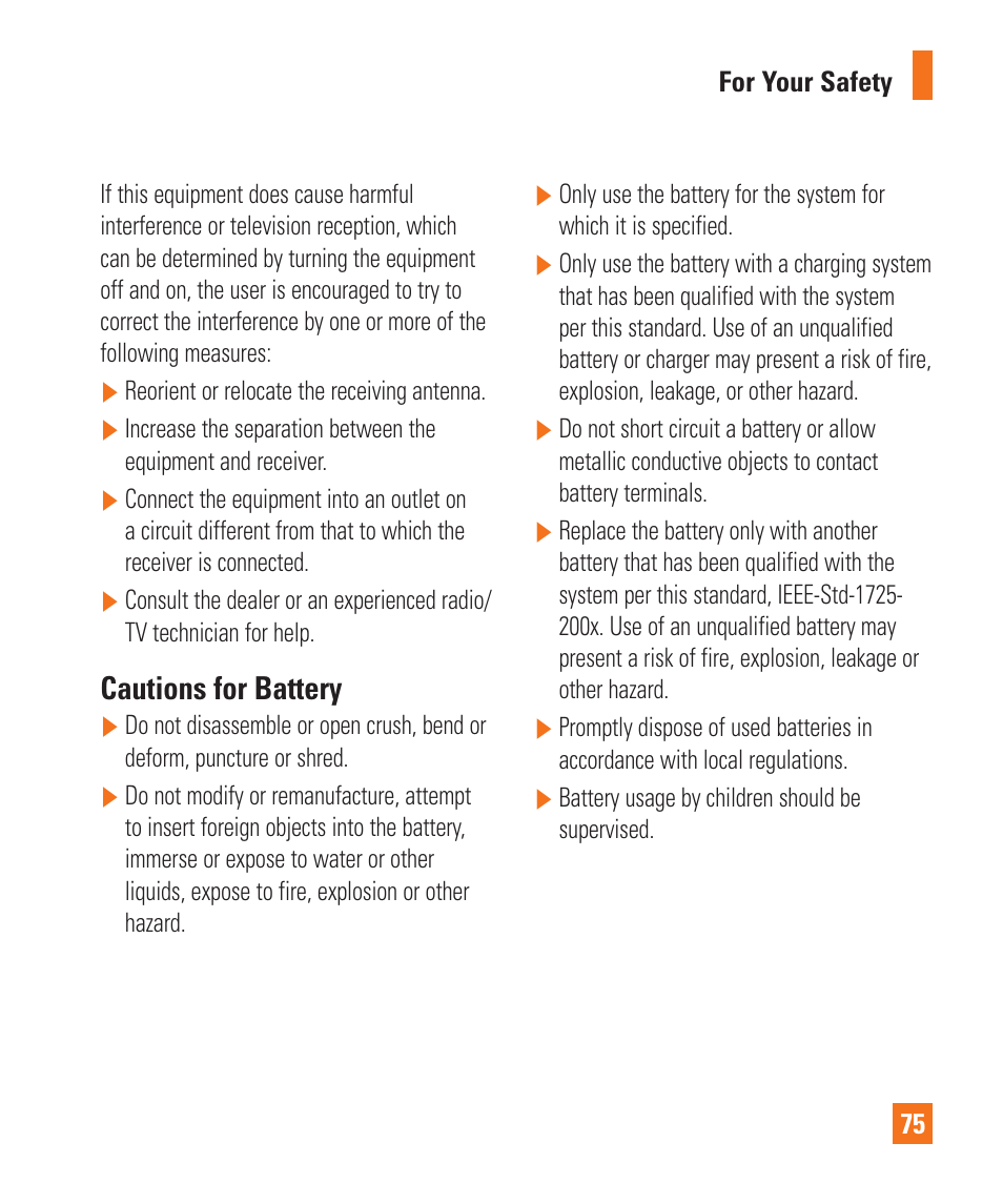 Cautions for battery | LG LGP505 User Manual | Page 77 / 198