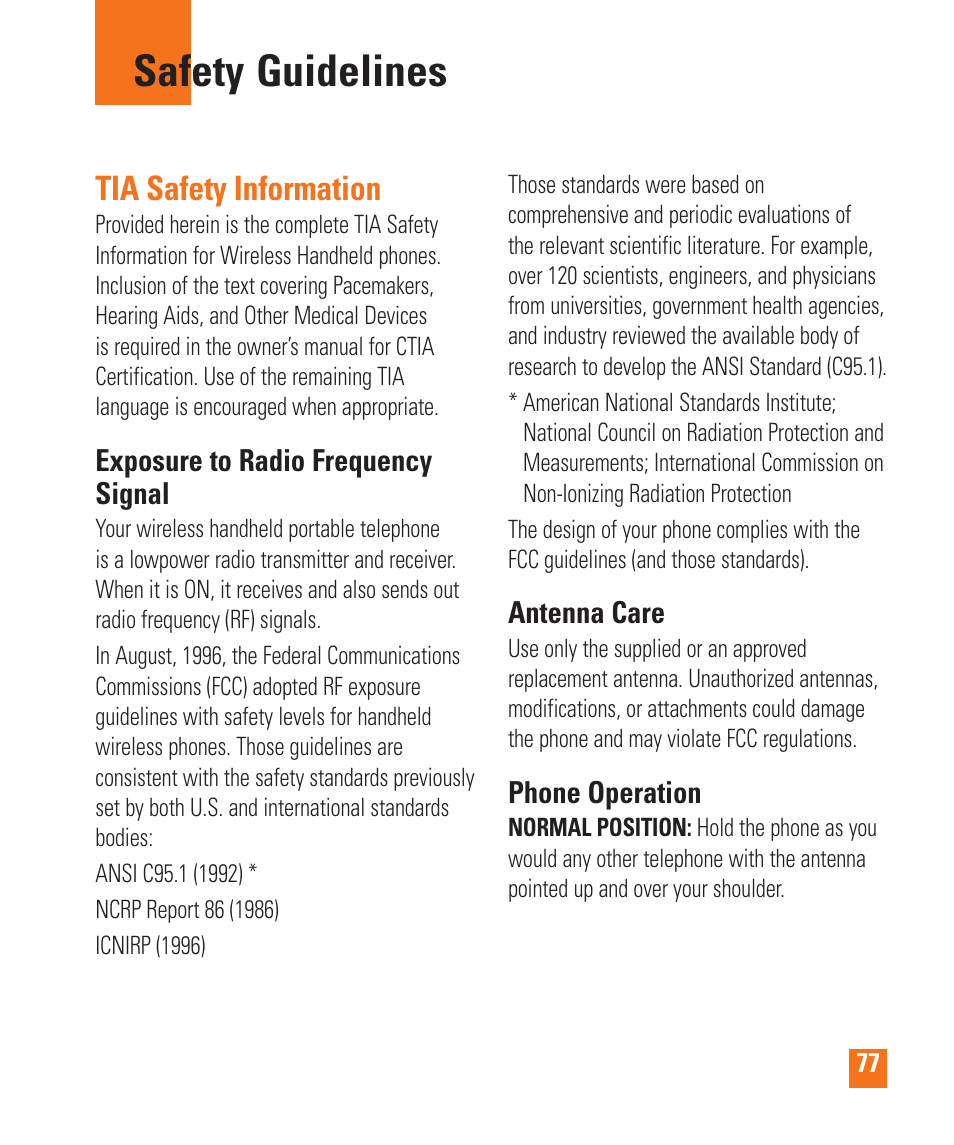 Safety guidelines, Tia safety information, Exposure to radio frequency signal | Antenna care, Phone operation | LG LGP505 User Manual | Page 79 / 198