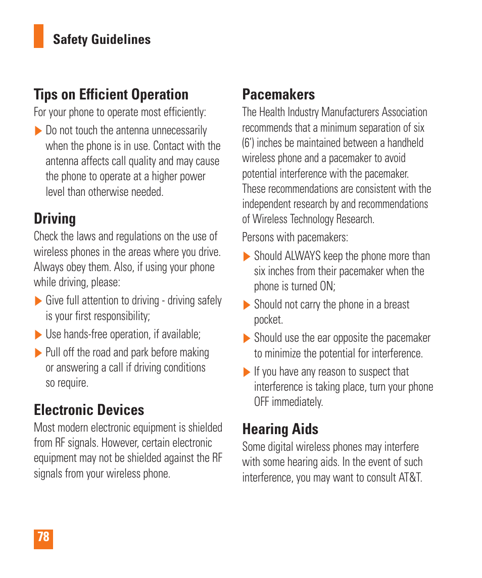 Tips on efficient operation, Driving, Electronic devices | Pacemakers, Hearing aids | LG LGP505 User Manual | Page 80 / 198