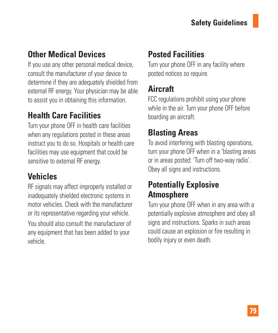 Other medical devices, Health care facilities, Vehicles | Posted facilities, Aircraft, Blasting areas, Potentially explosive atmosphere | LG LGP505 User Manual | Page 81 / 198