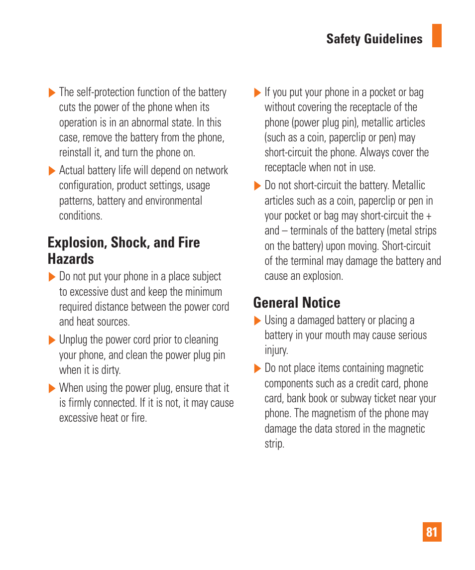 Explosion, shock, and fire hazards, General notice | LG LGP505 User Manual | Page 83 / 198