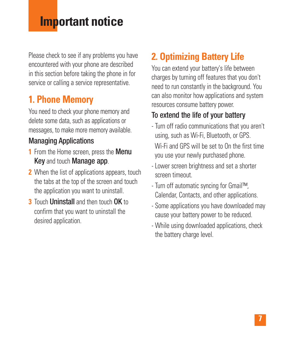 Important notice, Optimizing battery life | LG LGP505 User Manual | Page 9 / 198