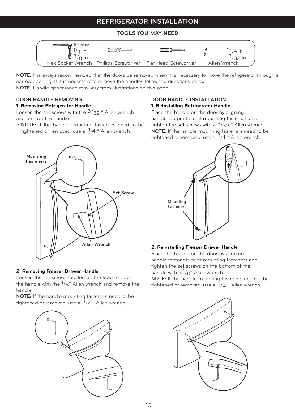 Refrigerator installation | LG LFX25978ST User Manual | Page 10 / 50