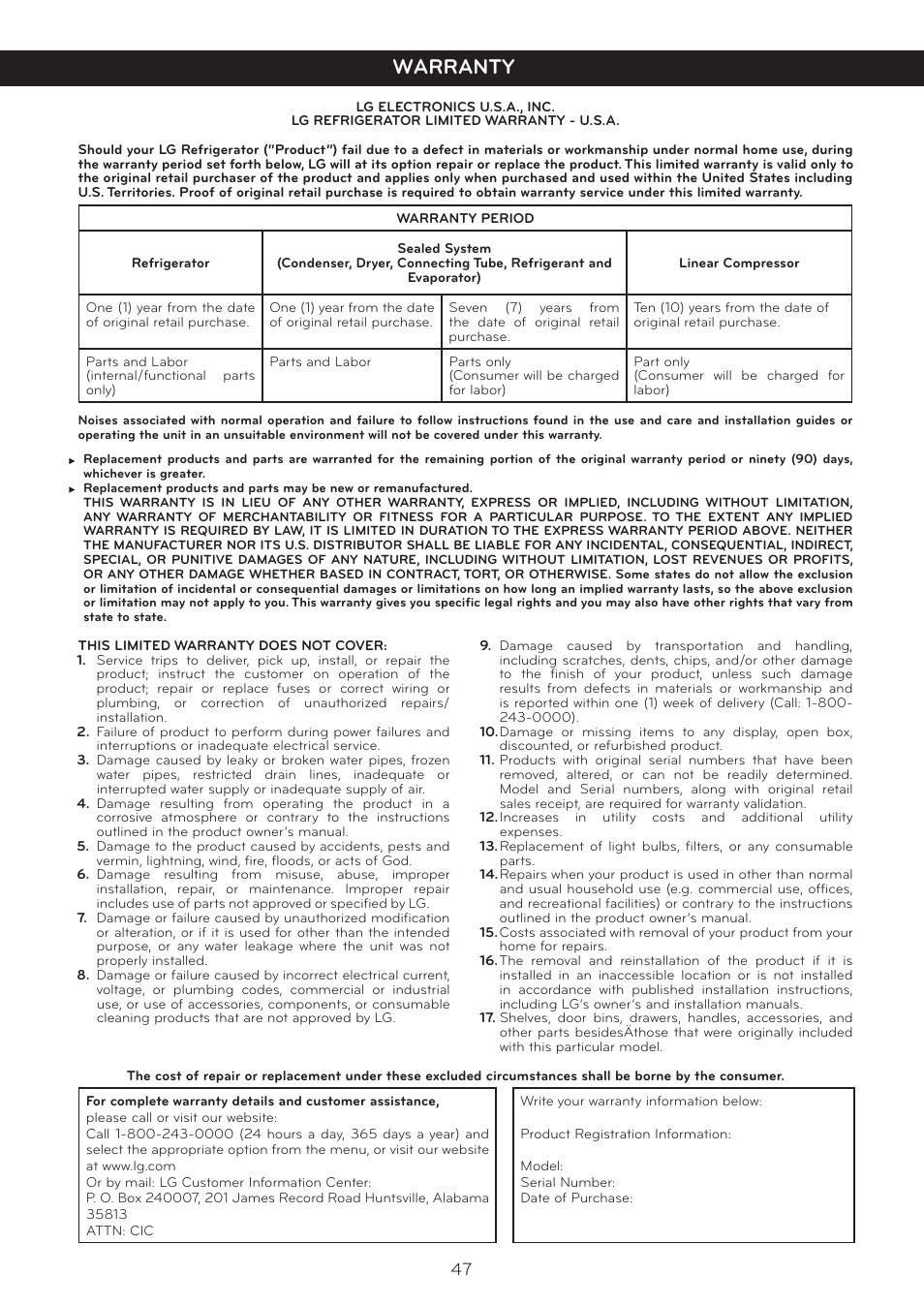 Warranty | LG LFX25978ST User Manual | Page 47 / 50