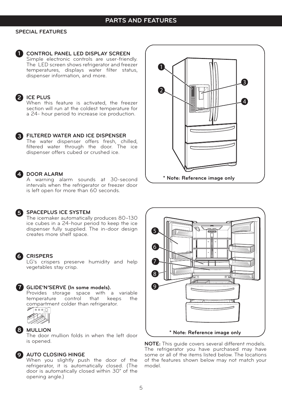 Parts and features, Caution | LG LFX25978ST User Manual | Page 5 / 50