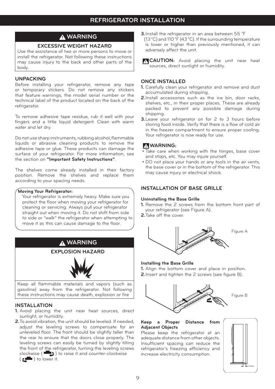 Refrigerator installation warning, Warning | LG LFX25978ST User Manual | Page 9 / 50