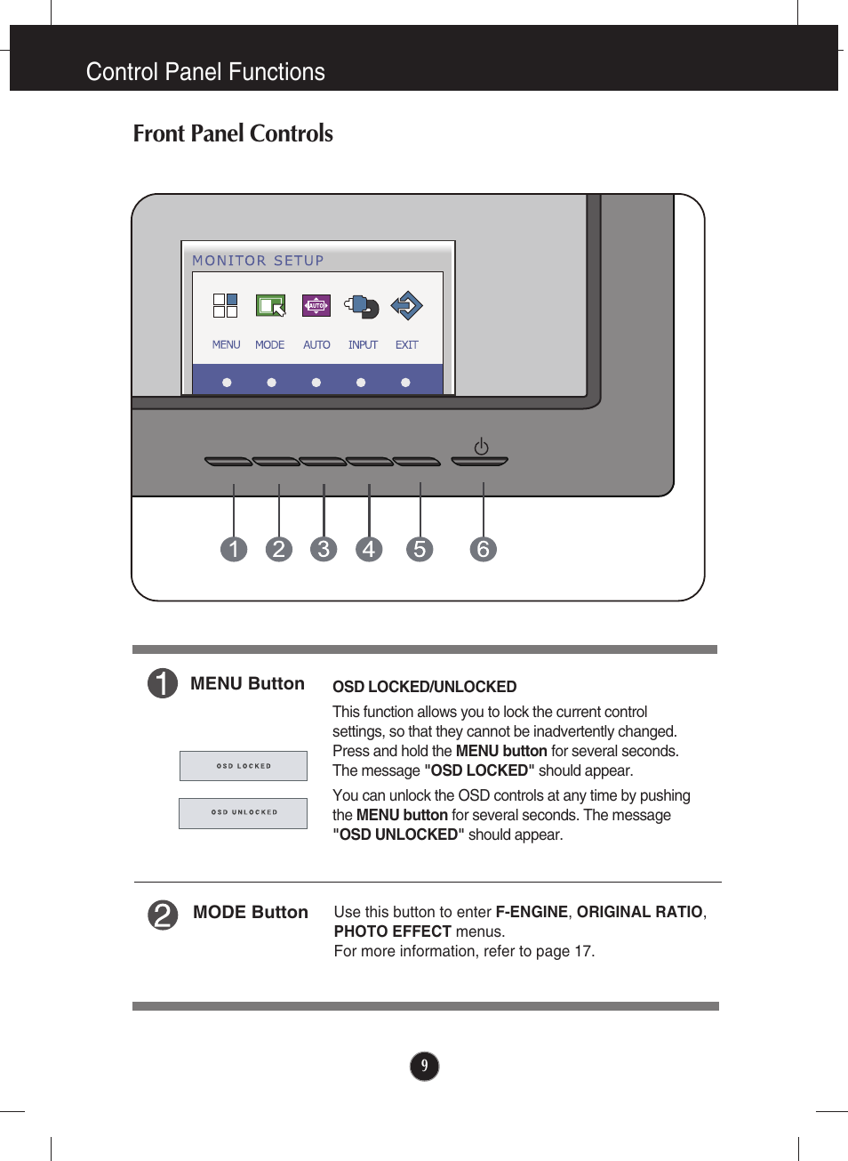 Control panel functions, Front panel controls | LG W2340VG-PN User Manual | Page 10 / 30