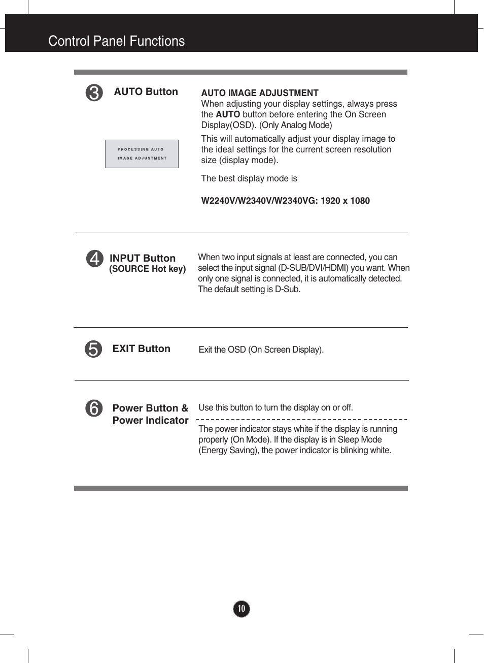 Control panel functions | LG W2340VG-PN User Manual | Page 11 / 30